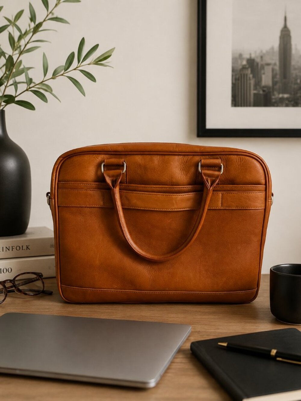 Wilson genuine leather laptop case/briefcase in cognac brown
